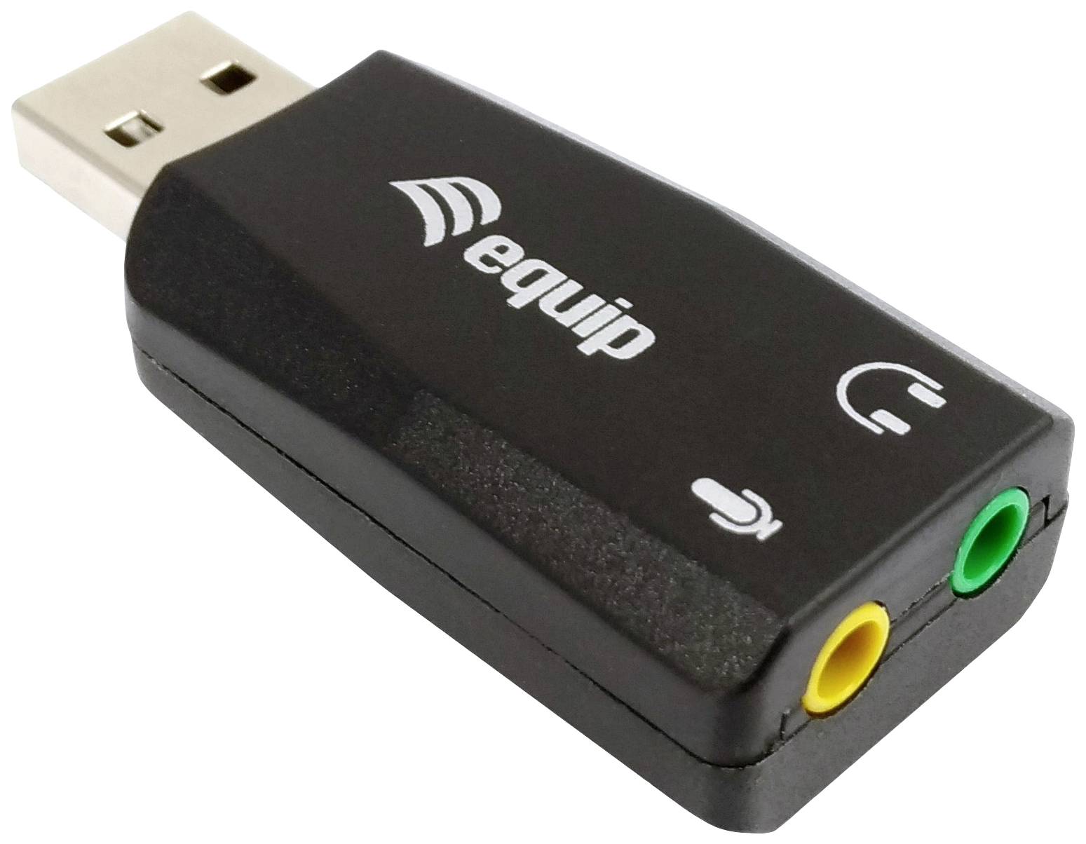 USB zvuková karta so žltým a zeleným konektorom pre mikrofón a slúchadlá, vhodná pre pripojenie k počítaču.