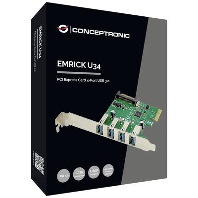Balenie karty PCI Express pre USB 3.0 od značky Conceptronic, model EMRICK U34, so štyrmi portami.