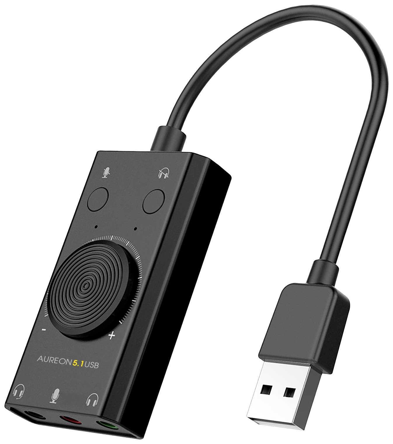 Externá USB zvuková karta s regulátorom hlasitosti a konektormi pre mikrofón a slúchadlá; kompaktná s káblom a USB zástrčkou.