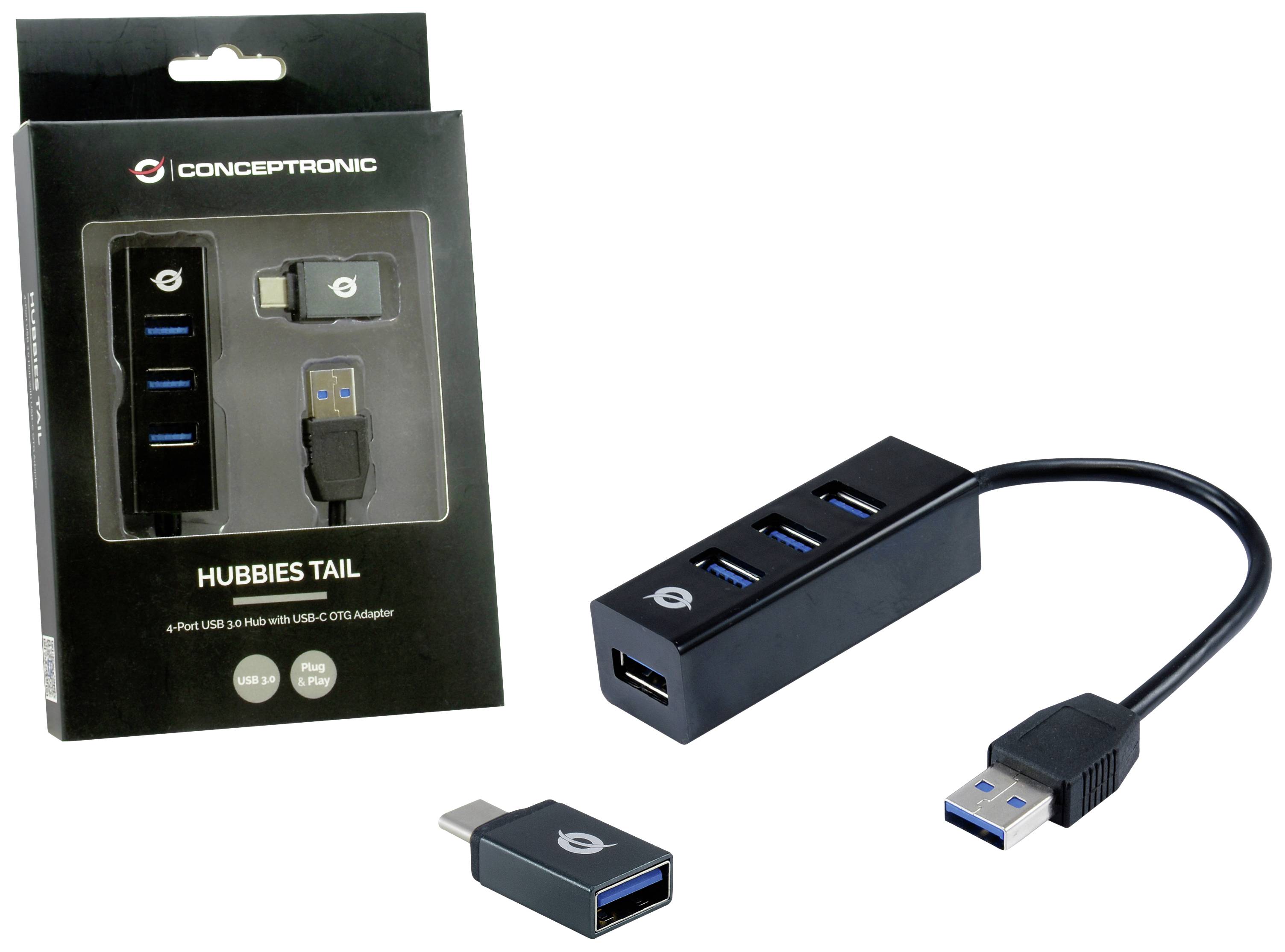 Preklad do slovenčiny:<br><br>'CONCEPTRONIC 4-portový USB 3.0 hub s USB-C OTG adaptérom'. Na obrázku je samotný hub a jeho balenie, vhodné pre USB zariadenia.