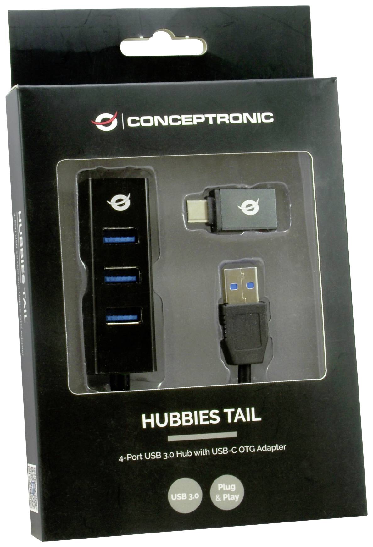 Balenie obsahujúce "4-portový USB 3.0 hub s USB-C OTG adaptérom", označené značkou "CONCEPTRONIC". Obsahuje obrázky hubu a adaptéra.
