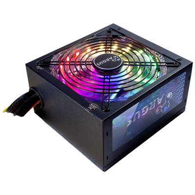 Počítačový napájací zdroj s RGB podsvietením, čierne šasi, okrúhly ventilátor zhora, niekoľko káblov na ľavej strane.