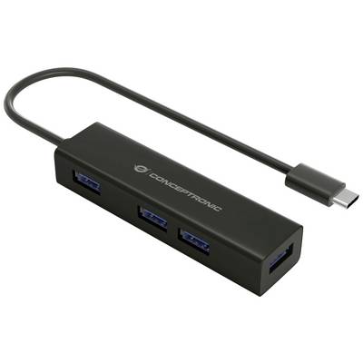 Externý USB hub v čiernej farbe so štyrmi USB portami a USB-C pripájacím káblom. Ideálny na rozšírenie možností pripojenia.