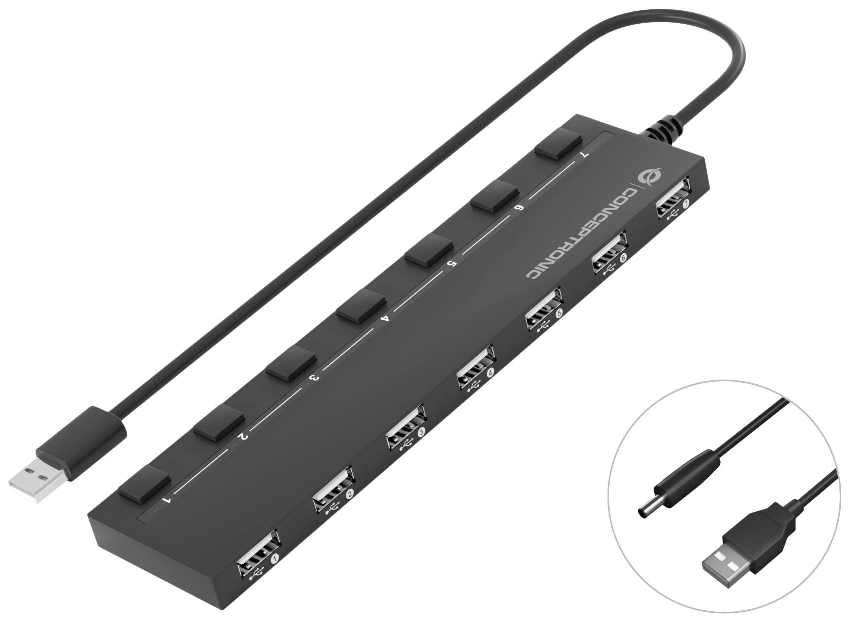 USB hub so siedmimi portami a vypínačmi, prepojený USB káblom. Perfektný na rozšírenie USB pripojení.