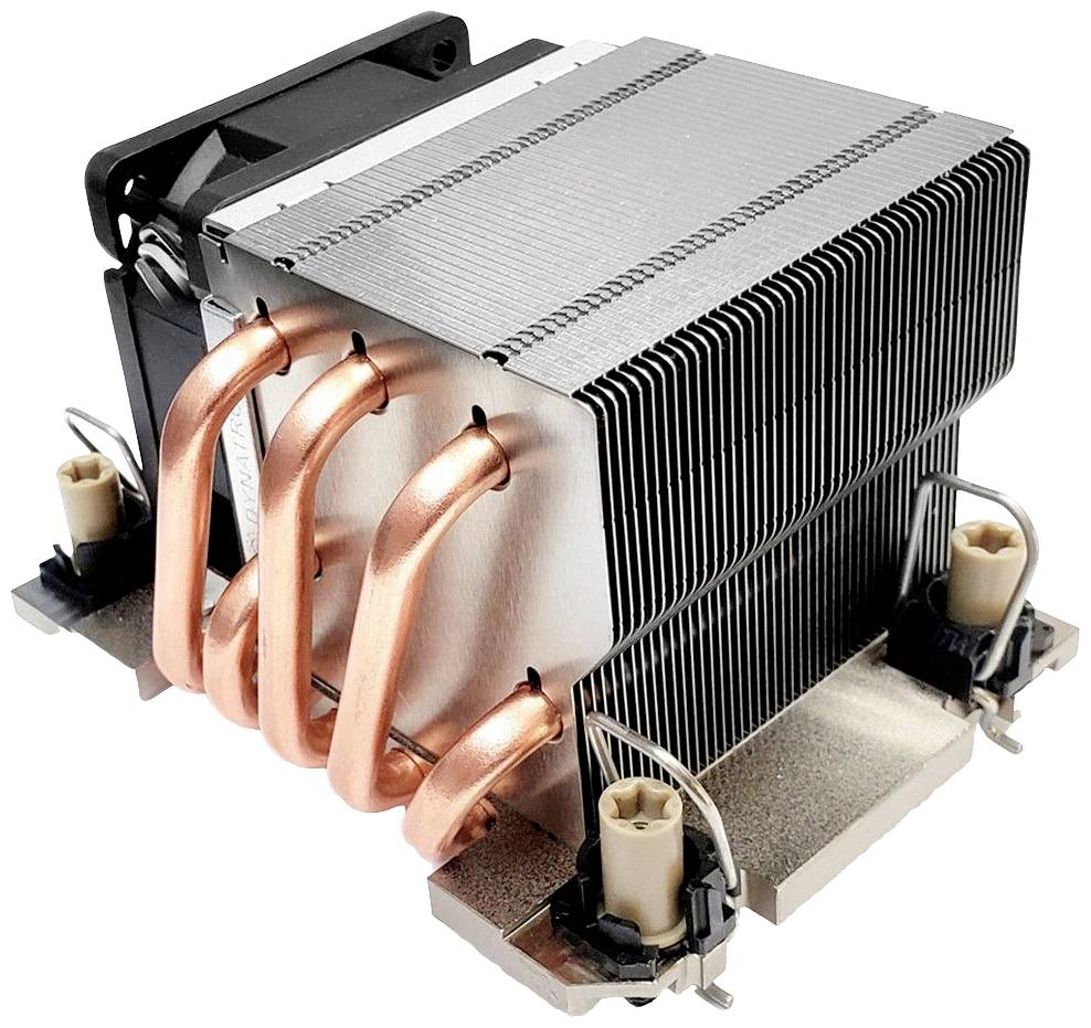 Chladič CPU s viacerými medenými tepelnými rúrkami a hliníkovými lamelami na odvod tepla, s možnosťou montáže ventilátora.