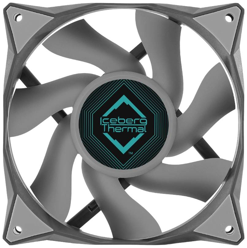 Sivý počítačový ventilátor so siedmimi listami a nálepkou v strede s logom 'Iceberg Thermal'.