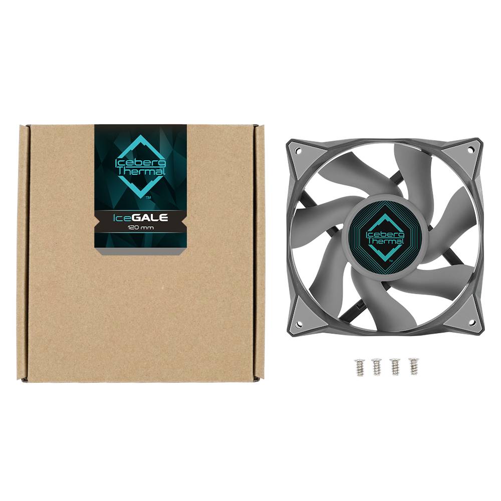 120-mm ventilátor so sivými rotačnými listami a logom 'Iceberg Thermal' vedľa hnedého obalu. Štyri skrutky sú viditeľné.