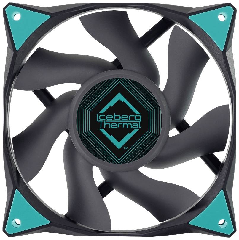 Čierny ventilátor so štvorcovým rámom a zaoblenými rohmi. V strede je umiestnené logo 'Iceberg Thermal'.
