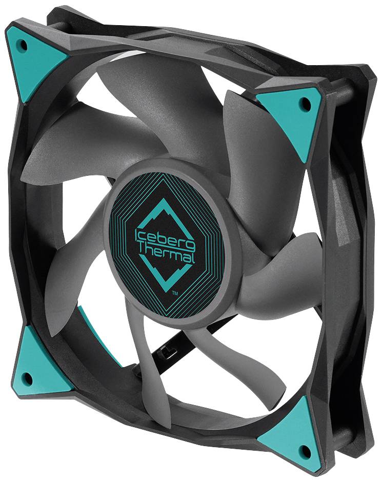 Čierny počítačový ventilátor so sivými krídlami a tyrkysovými akcentmi. Na náboji je napísané 'Iceberg Thermal'.