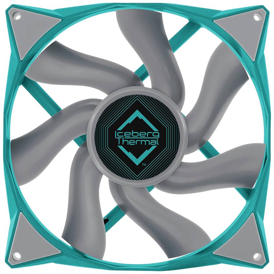 Sivý ventilátor so siedmimi lopatkami, obklopený tyrkysovým rámom. V strede je napísané 'Iceberg Thermal'.
