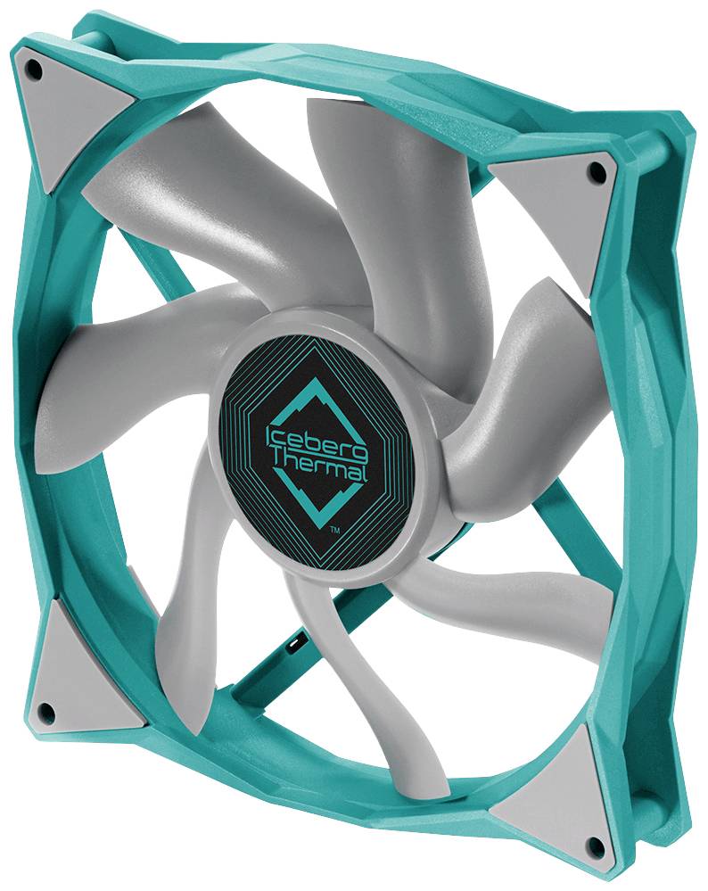 Tyrkysovo-sivý počítačový ventilátor so šiestimi krídlami a logom 'cebero Thermal' uprostred, umiestnený na stole.