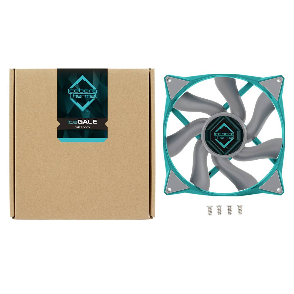 Počítačová sada ventilátorov s 140 mm vetrákom Iceberg Thermal, vedľa kartónu. Štyri skrutky sú umiestnené pred ventilátorom.