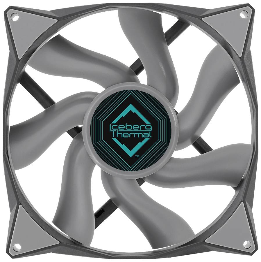 Sivý počítačový ventilátor so šiestimi lopatkami. V strede sa nachádza logo s nápisom 'Iceberg Thermal'.
