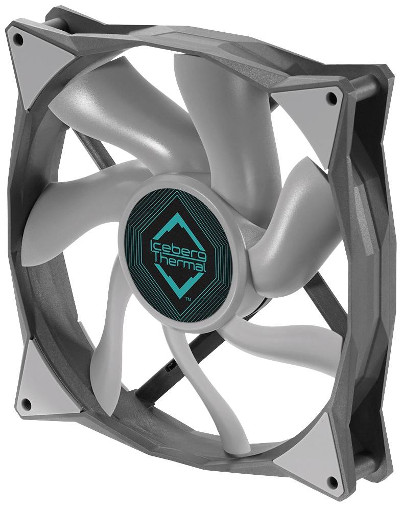 Sivobiely počítačový ventilátor v počítačovej skrinke, lopatky ventilátora v štýle veterného mlyna, s logom 'Cebero Thermal' v strede.