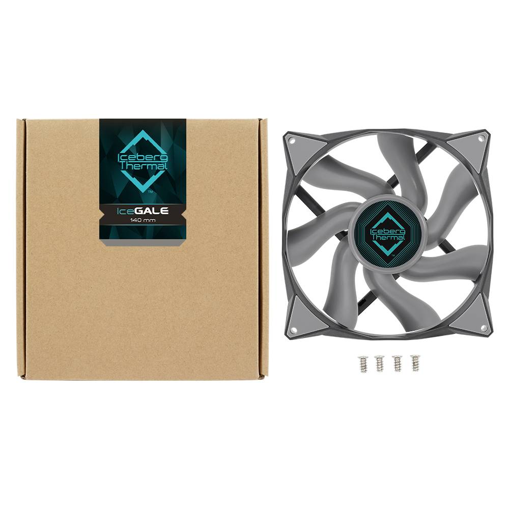 Kartónový obal a 140 mm počítačový ventilátor so skrutkami, značka 'Iceberg Thermal', model 'IceGALE'.