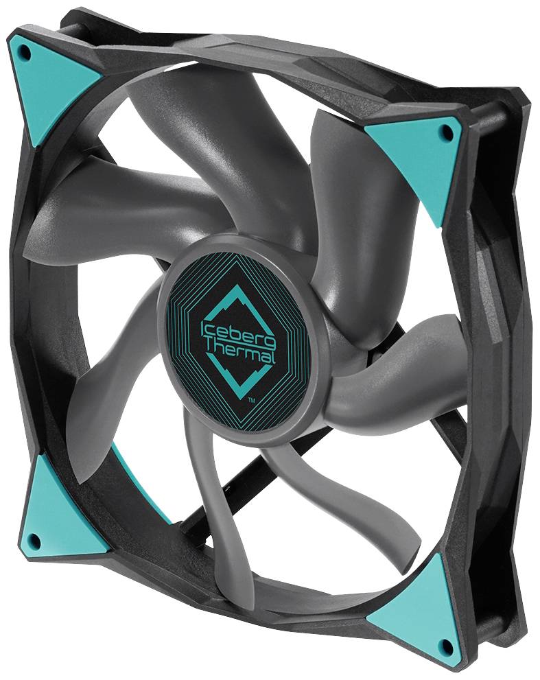 Čierny počítačový ventilátor so sivými rotačnými listami a tyrkysovými detailmi, v strede logo 'cebero Thermal'.