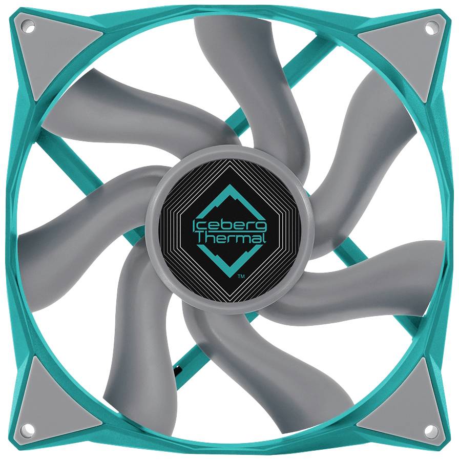 Tyrkysový počítačový ventilátor so sivými rotačnými listami a centrálnym logom s nápisom 'Iceberg Thermal'.
