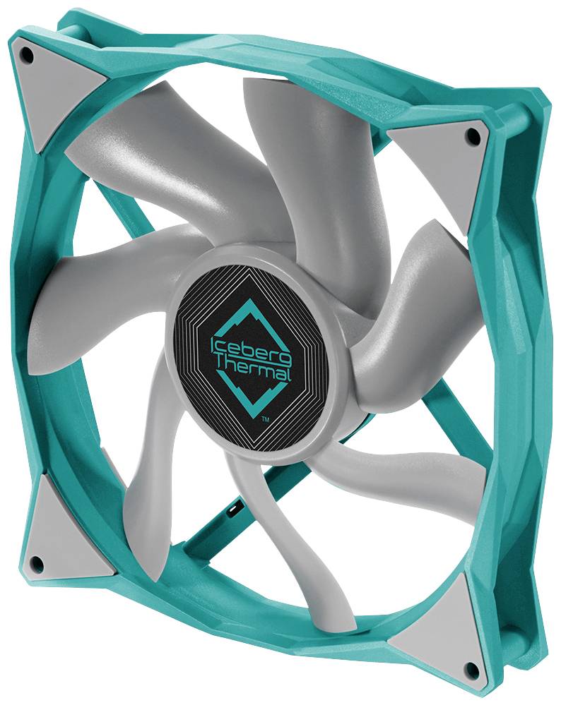 Zelený počítačový ventilátor so sivými rotačnými listami a logom 'iceberg Thermal' v strede. Vhodný na chladenie počítačových skríň.