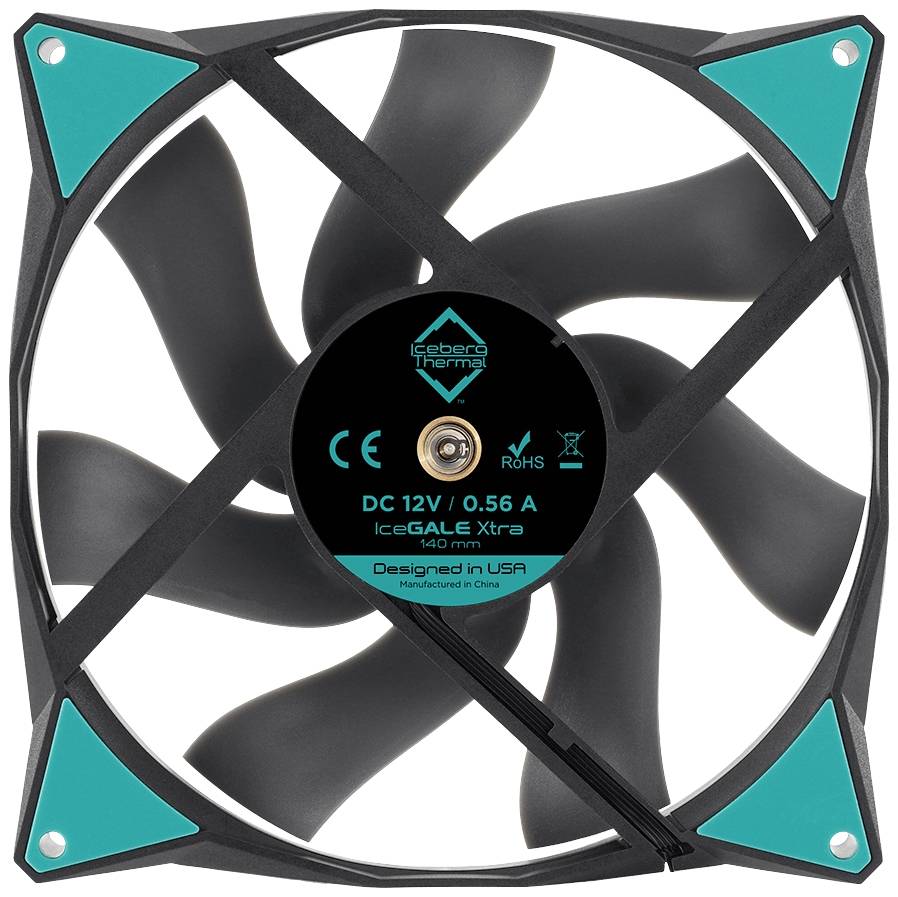 Čierny počítačový ventilátor s modrými rohmi a nápisom: '120 mm, DC 12V, 0,56 A, IceGALE Extra'. Vhodný pre chladiace systémy.
