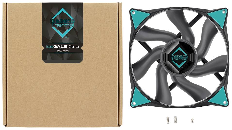 Na obrázku je 140 mm ventilátor od spoločnosti 'Iceberg Thermal', ktorý zobrazuje produkt vrátane obalu a skrutiek, zvýraznený tyrkysovými akcentmi.