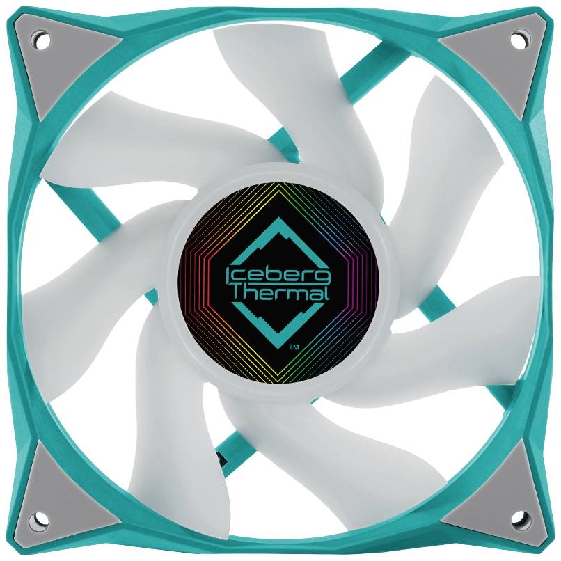 Biely počítačový ventilátor s ôsmimi lopatkami, lemovaný tyrkysovým rámom. V strede je nápis 'Iceberg Thermal' na čiernom pozadí.