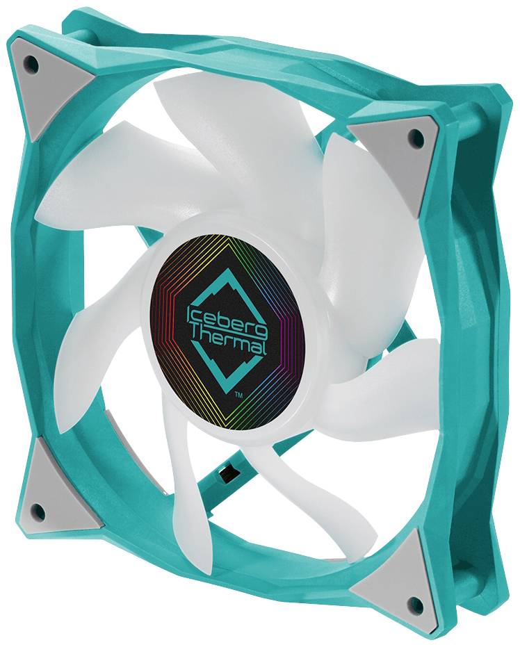 Tyrkysový počítačový ventilátor s bielymi krídlami a guľatou nálepkou v strede, na ktorej je napísané "Iceberg Thermal".