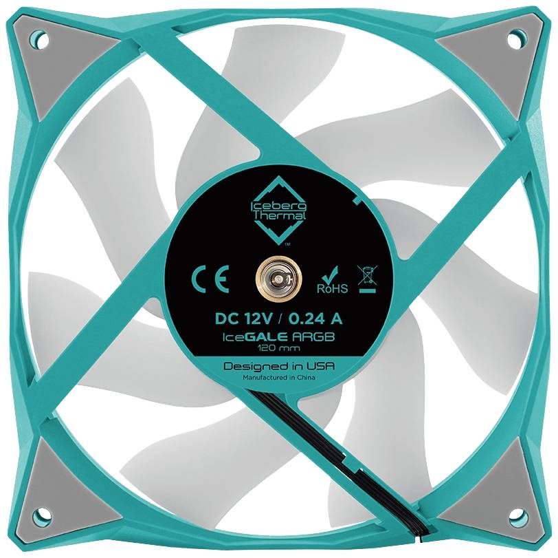 Tyrkysový a biely počítačový ventilátor so siedmimi rotačnými listami, produktovými informáciami a modrým rámom.