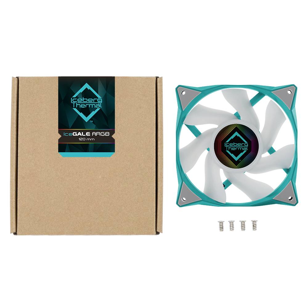 Ventilátor od Iceberg Thermal, model IceGALE ARGB, 180 mm, bielo-tyrkysový, vrátane balenia a štyroch strieborných skrutiek.