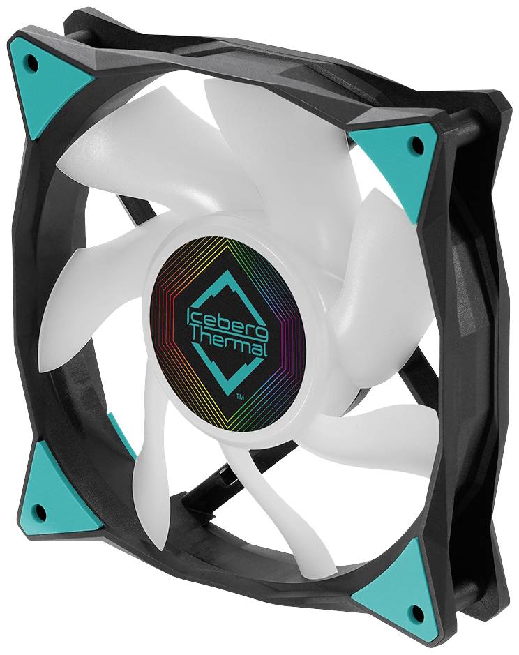 Počítačový ventilátor s čiernym rámom a bielymi krídlami. V strede logo s nápisom 'Iceberg Thermal'.