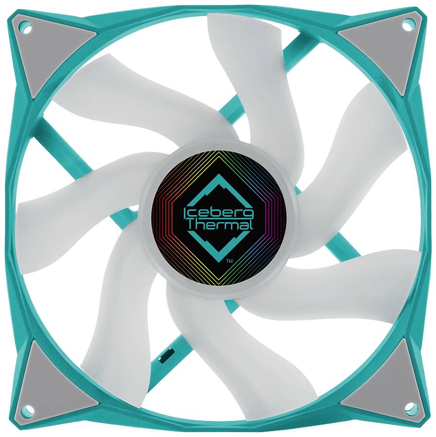 Počítačový ventilátor s tyrkysovým rámom a bielymi lopatkami. V strede sa nachádza logo 'Iceberg Thermal'.