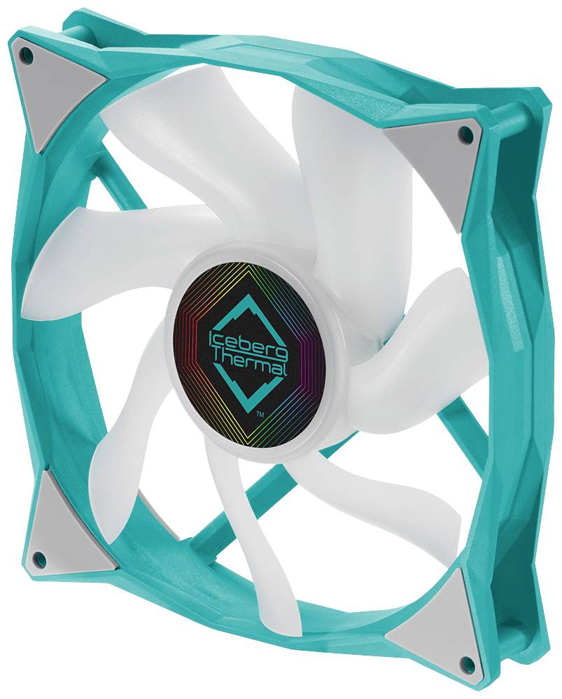 Tyrkysový počítačový ventilátor so siedmimi bielymi lopatkami a logom v strede.