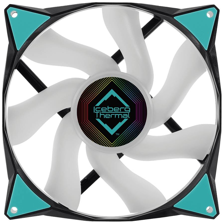 Biely chladič ventilátor s čiernymi výstuhami a centrálnym logom 'Iceberg Thermal'. Lopatky ventilátora sú v pohybe.