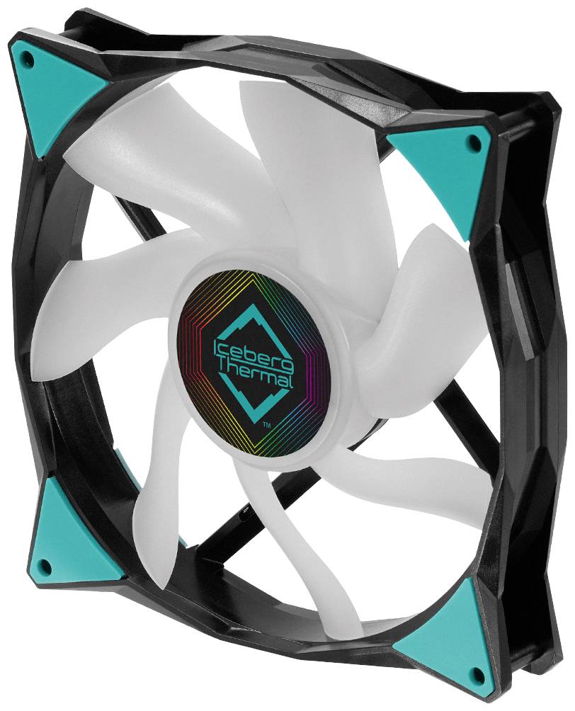 Čierny počítačový ventilátor s bielymi krídlami, zabezpečený tyrkysovými rohmi. V strede je napísané 'Iceberg Thermal'.