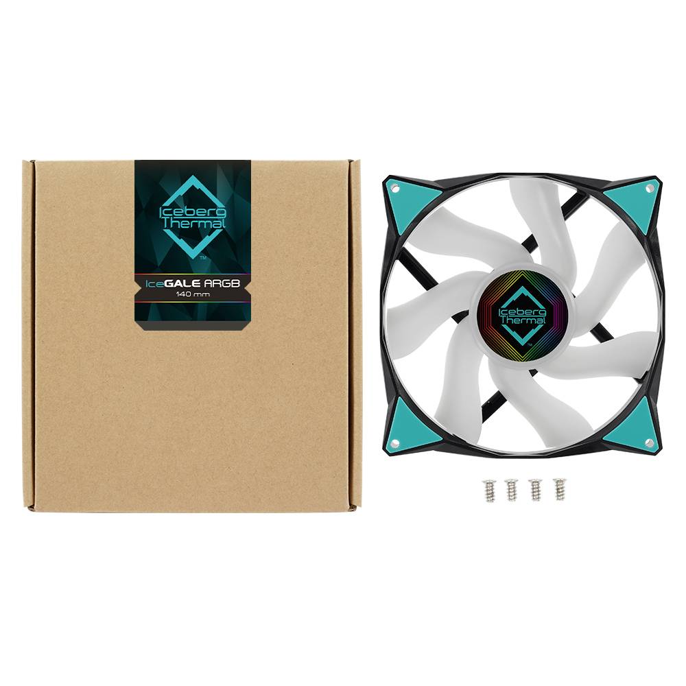 Balenie a PC ventilátor s logom 'Iceberg Thermal IceGALE ARGB 140 mm', vedľa tri skrutky.