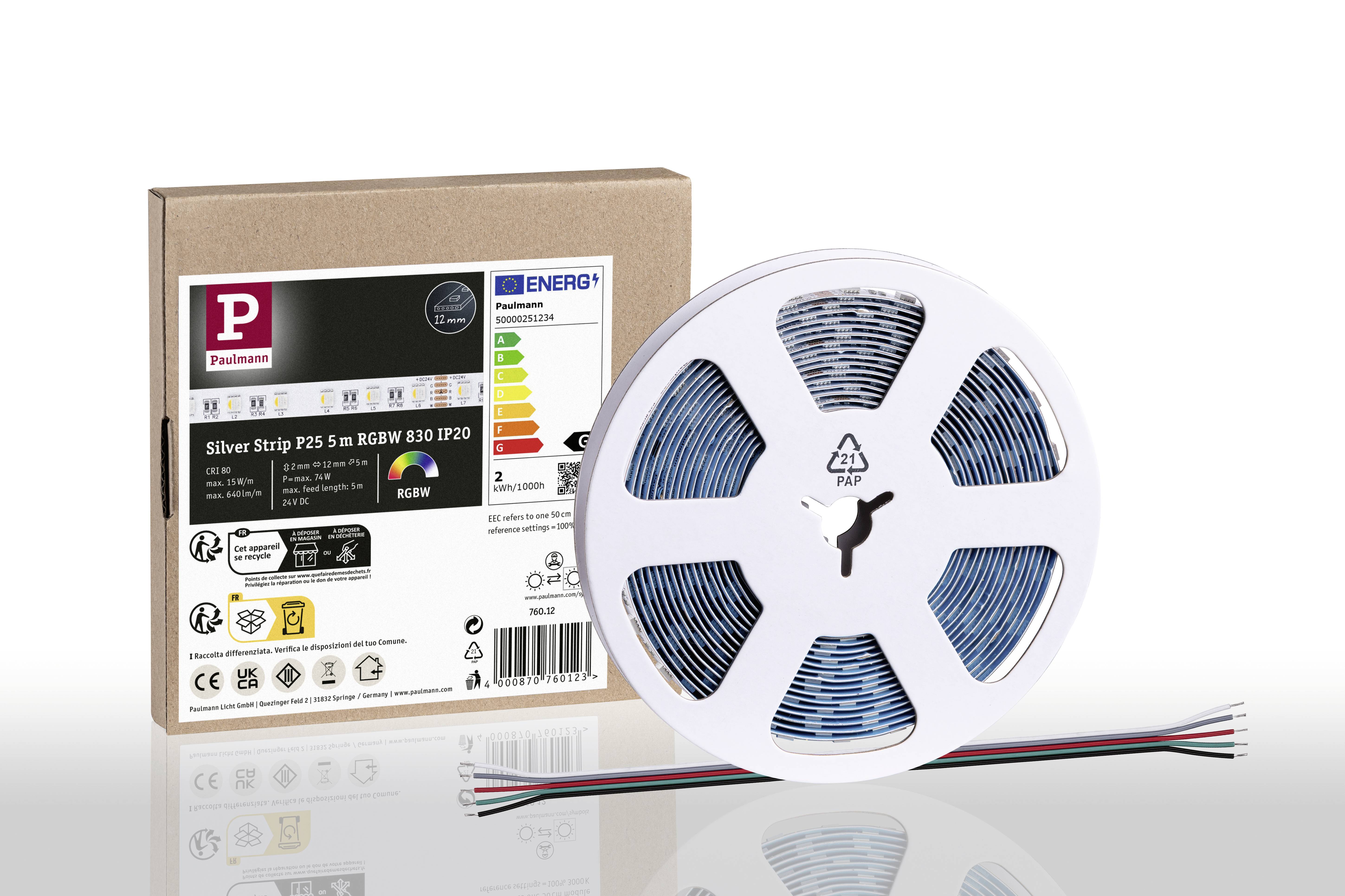 LED svetelný pás na rolke pred obalom. Obal zobrazuje energetický štítok efektivity a špecifikácie pásu.