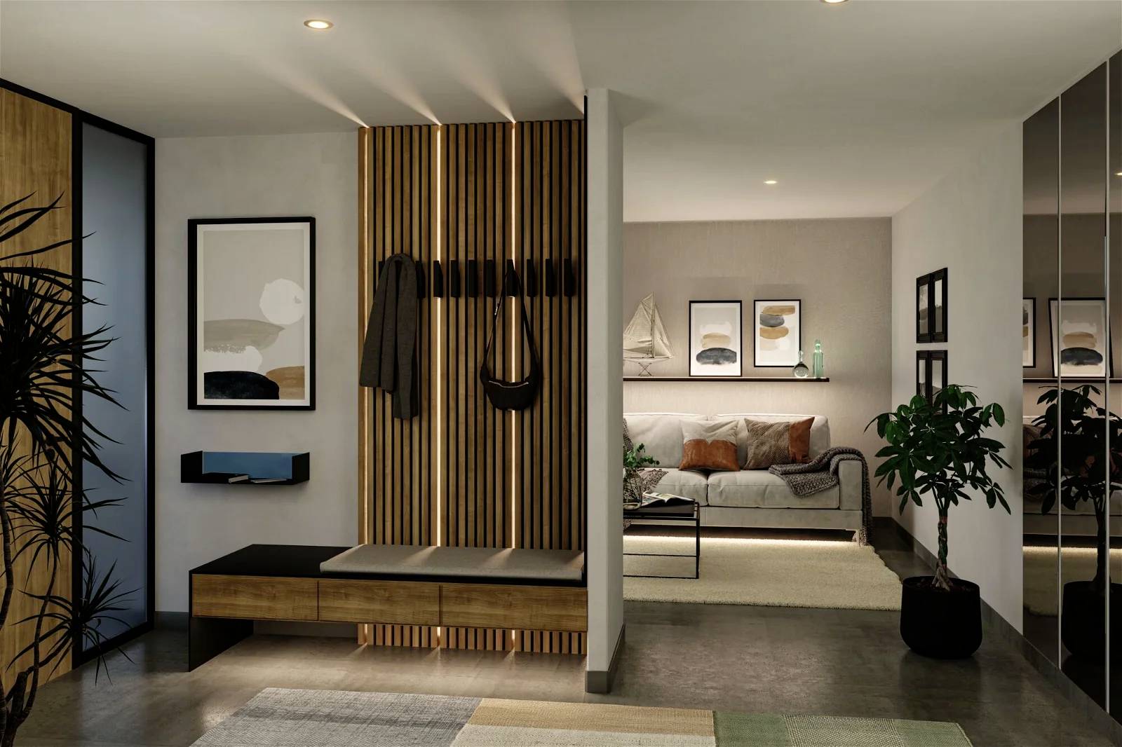 Moderné zariadenie bytu s drevenými panelmi, zrkadlom a rastlinami. V pozadí útulná obývačka s umením na stene.