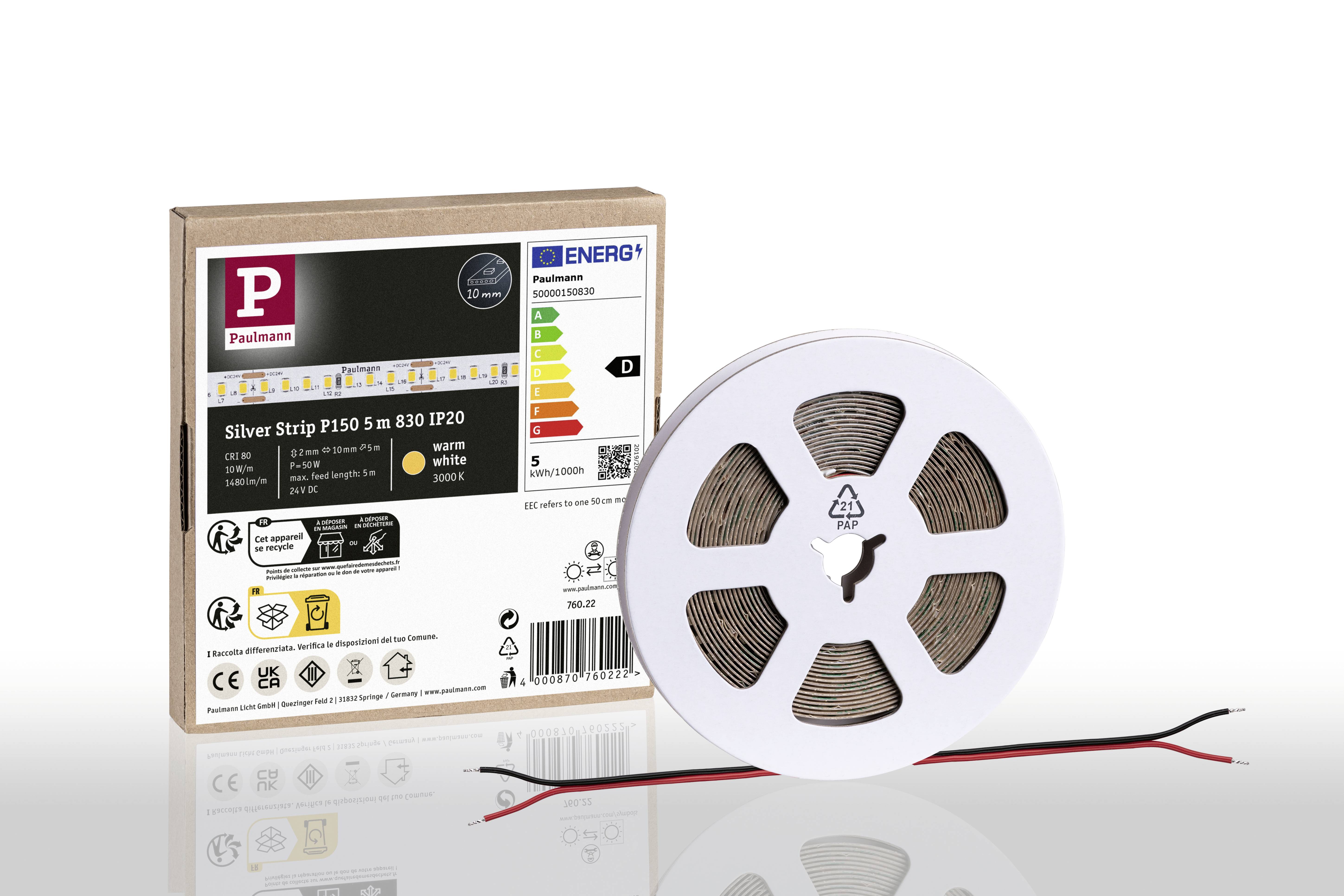 LED svetelná lišta na cievke vedľa obalu. Obal zobrazuje energetickú triedu efektívnosti D a bielu farbu svetla.