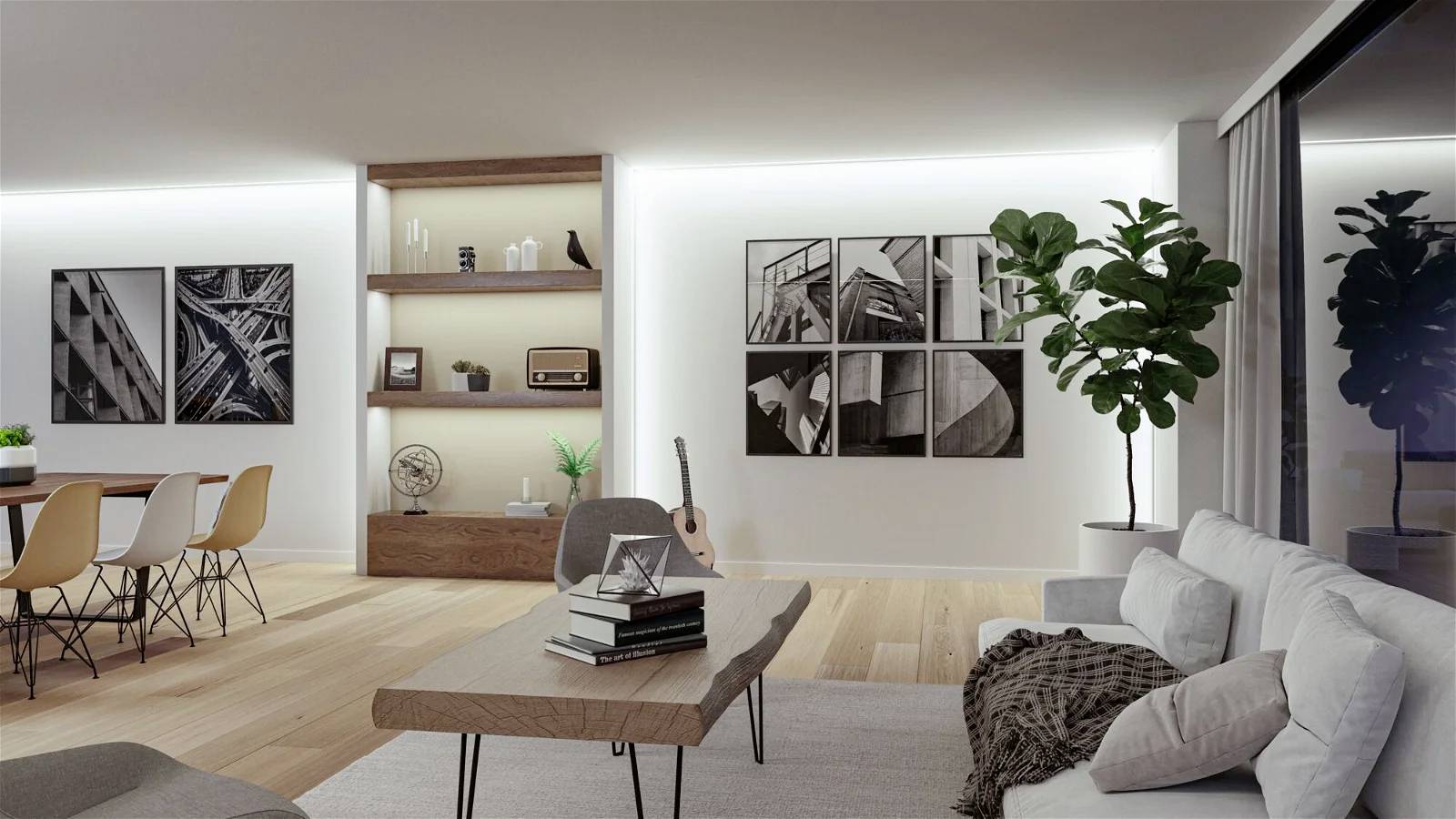 Moderná obývačka s drevenou podlahou, bielymi stenami a dekoratívnymi čiernobielymi fotografiami. Gauč, stôl a rastliny dotvárajú priestor.