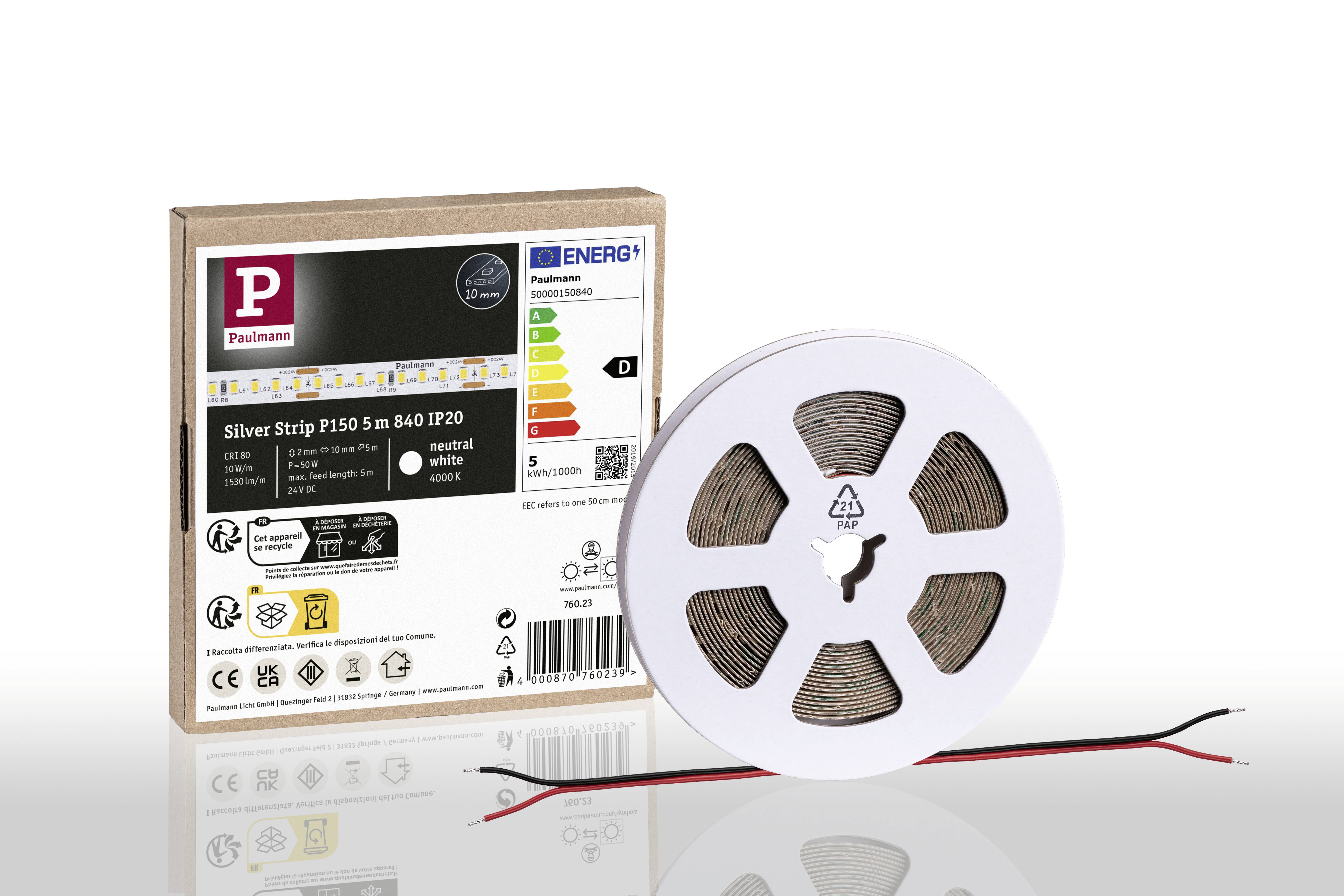 LED svetelný pás na rolke s obalom v pozadí. Obal zobrazuje energetickú triedu A+, LED pás dlhý 5 m, 840 lm.