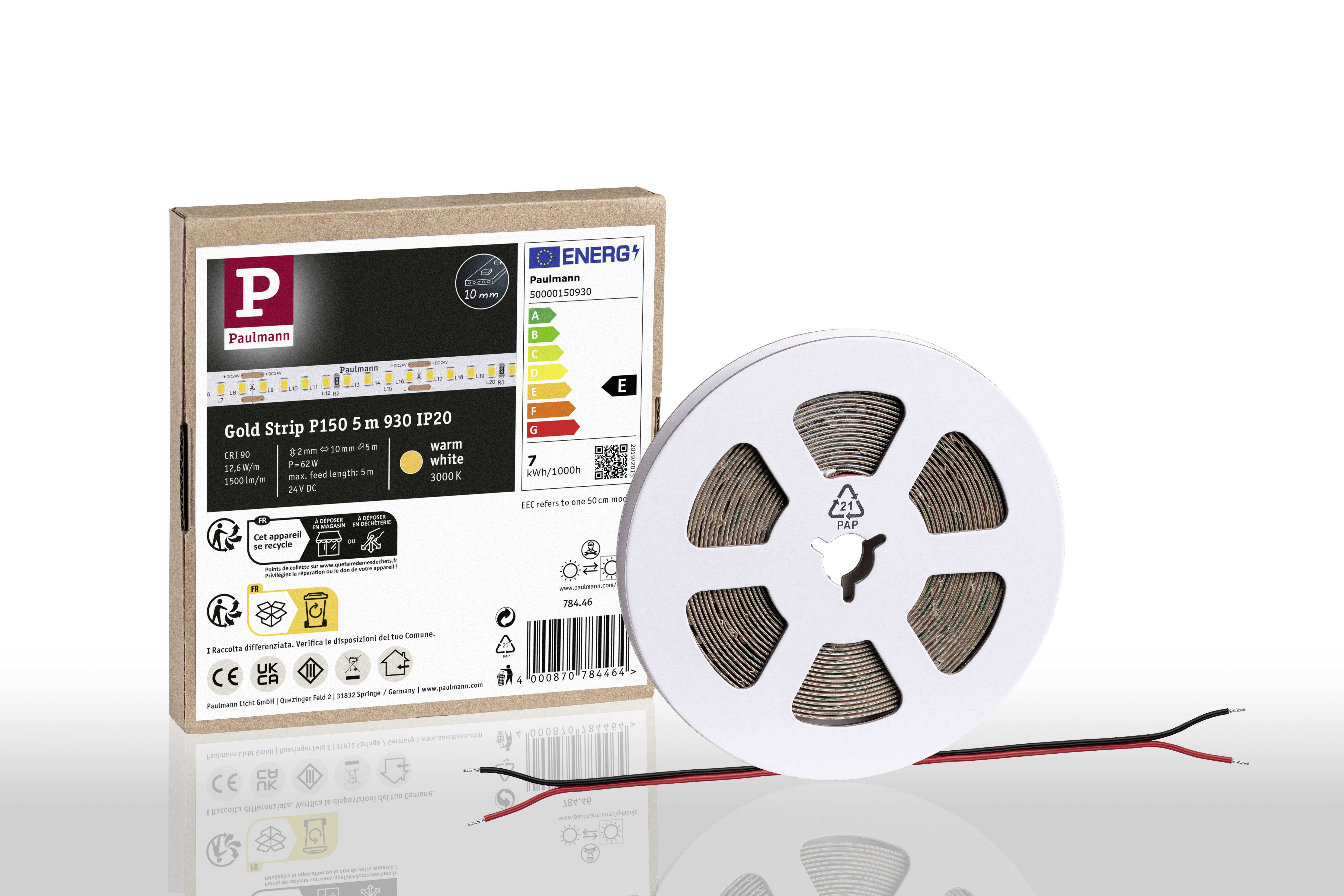LED pásik vedľa jeho obalu. Obal zobrazuje triedu energetickej účinnosti, farbu svetla a údaje o lúmenoch.
