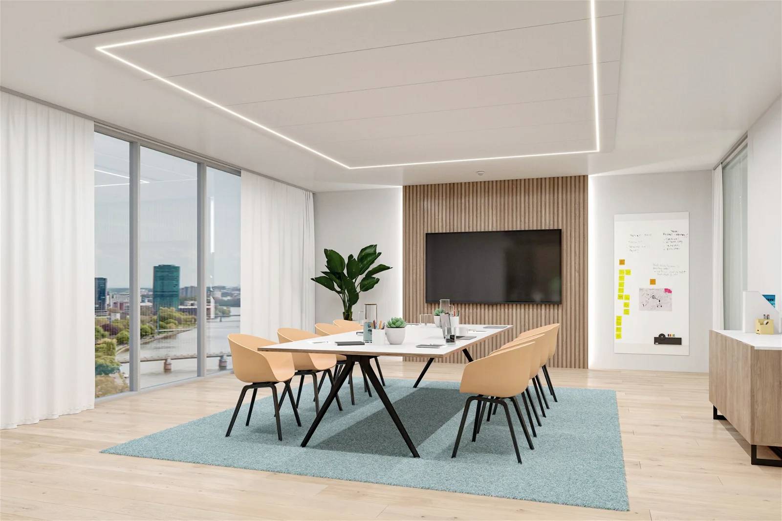 Moderná rokovacia miestnosť s veľkým stolom, obklopená ôsmimi stoličkami. V pozadí je veľká obrazovka zavesená na stene.