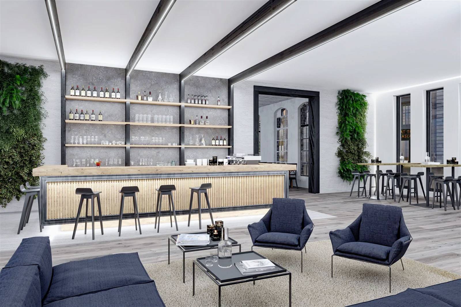 Moderná, svetlá miestnosť s elegantným barovým pultom, obklopená zelenými rastlinnými stenami. Niekoľko sedacích miest vytvára útulnú atmosféru.