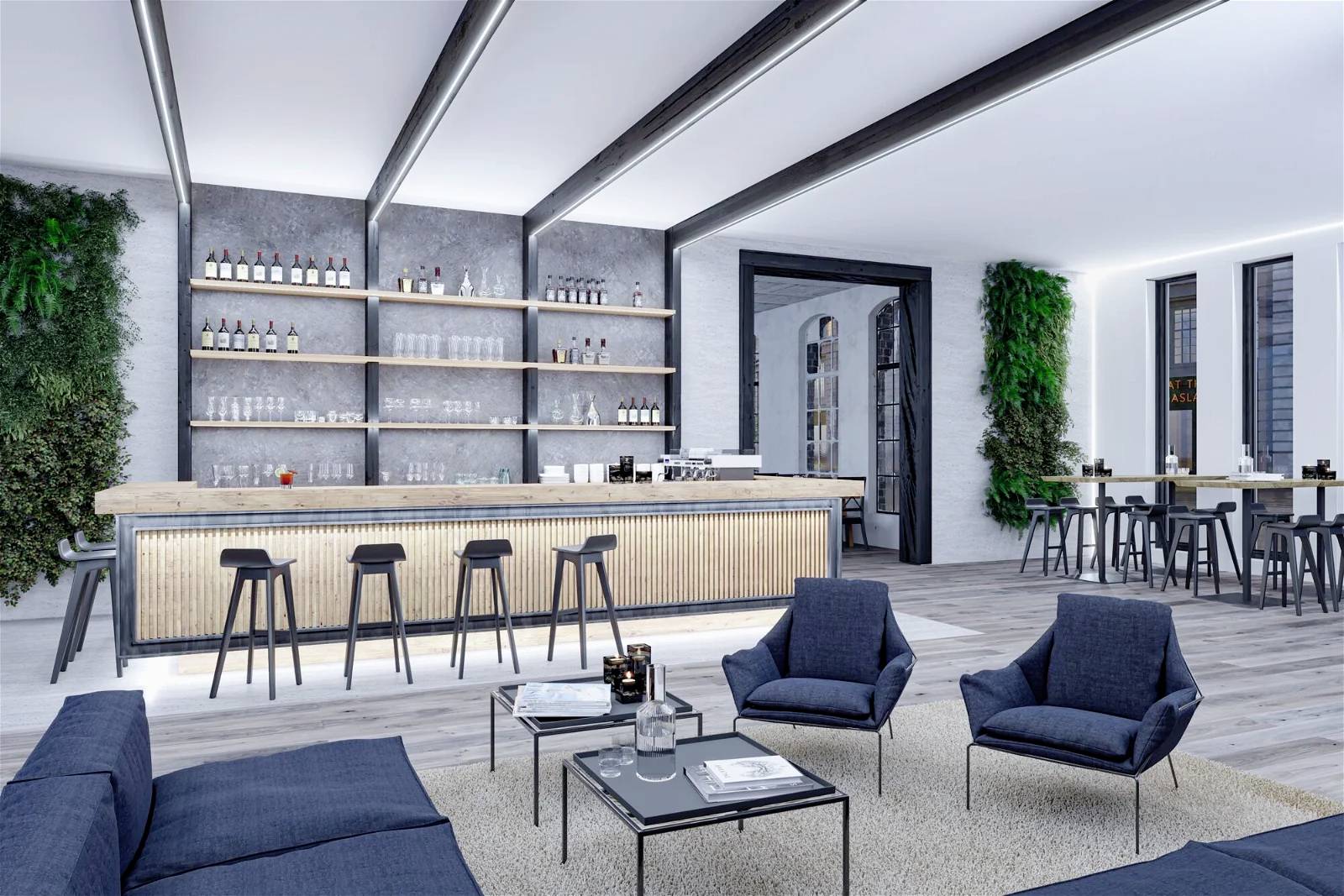 Moderný barový priestor s vysokými barovými stoličkami, osvetleným barovým pultom a políčkami s nápojmi. V pozadí sú rastliny umiestnené na stene.