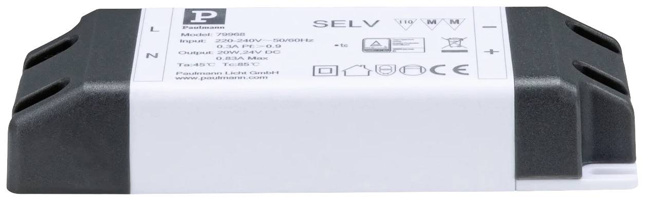 Paulmann 79968 Power Supply 24V DC 20VA IP20 Generatore di tensione costante LED 20 W (max) 830 mA 24 V 230 V (L x A x P) 42 x 20 x 120 mm 1 pz.