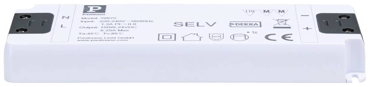Paulmann 79972 Power Supply Flat 24V DC 150VA IP20 Generatore di tensione costante LED 150 W (max) 6.25 A 24 V 230 V (L x A x P) 58 x 20 x 179 mm 1 pz