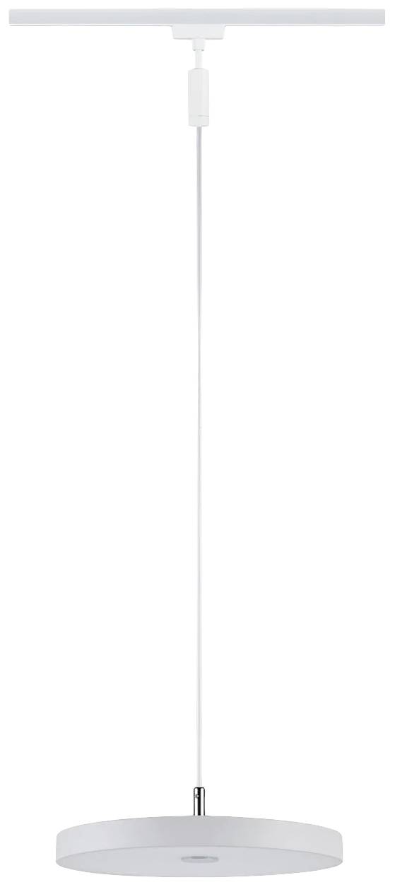 Biela, moderná závesná lampa s okrúhlym, plochým tienidlom, zavesená na tenkom kábli. Ideálna pre minimalistický dizajn.