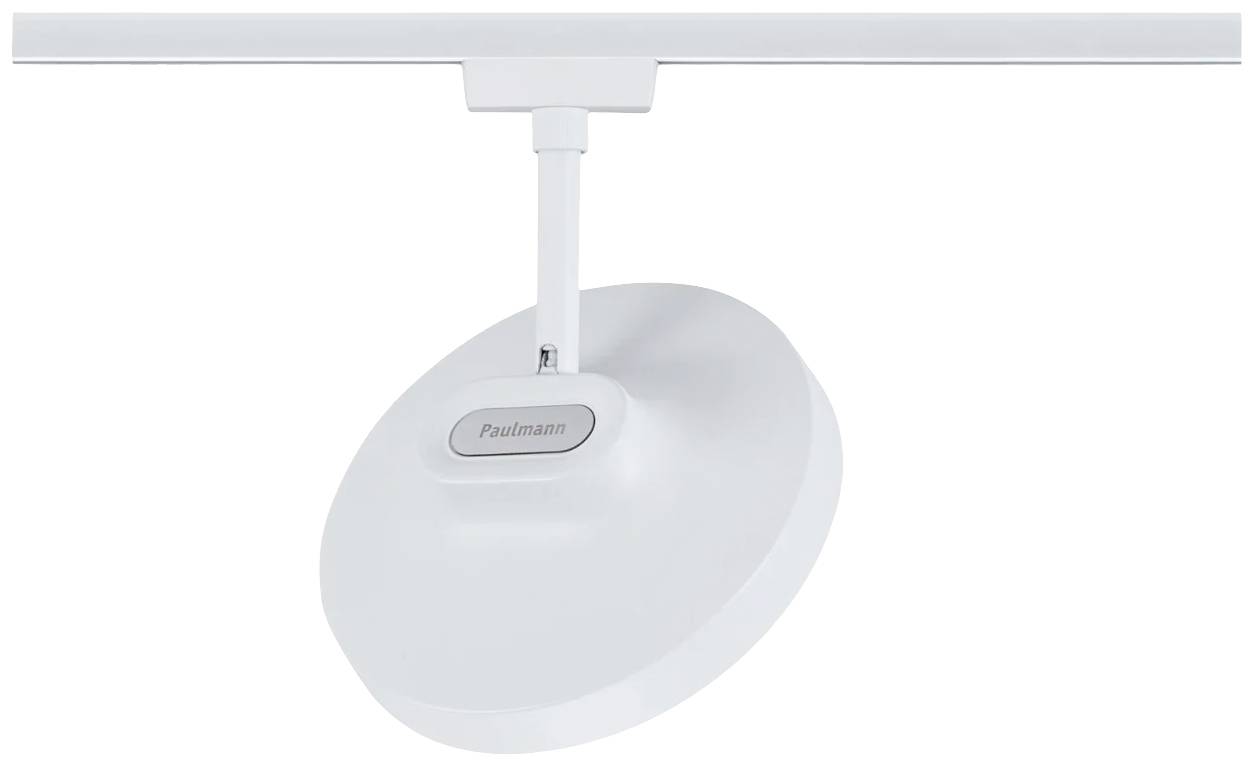 Biela stropná lampa s nastaviteľnou hlavou, namontovaná na lište. Ideálna na akcentové osvetlenie v moderných obytných priestoroch.