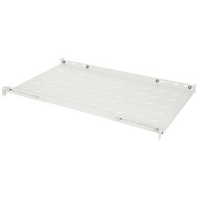 Biele, perforované kovové regál pre serverové racky, horizontálne umiestnené. Vhodné na ukladanie zariadení v dátových centrách.
