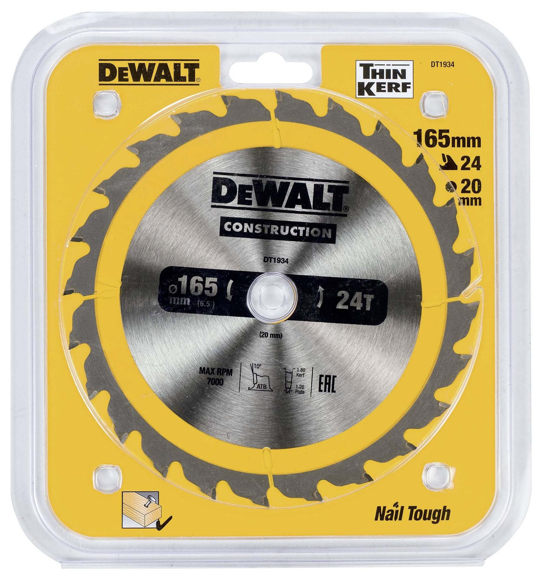 Pílový kotúč DeWalt, model 'Construction', priemer 165 mm, 24 zubov, vhodný na prácu s drevom, balený v žltom obale.