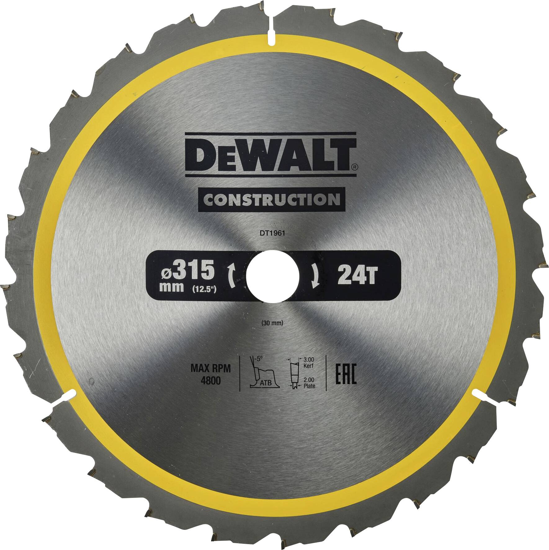 Okrúhly pílový kotúč DeWalt Construction s 24 zubami, priemer 315 mm, maximálne 4800 otáčok za minútu.